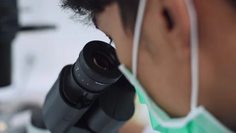 Young scientist looking at microscope with sample on plate in Medical lab Stock Footage 134057924
