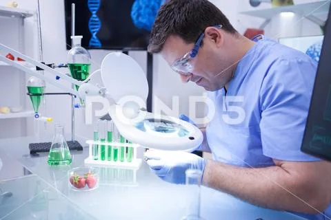 Young scientist man wearing protection glasses in a research lab Stock Photos