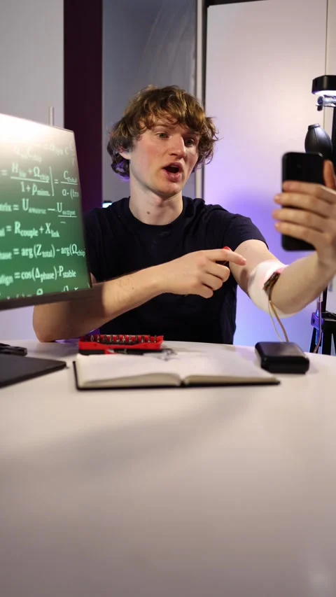 Young scientist records AI self experiment Stock Footage 323270204