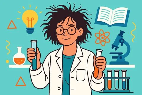 Young scientist with test tubes and lab equipment in a bright setting Иллюстрация