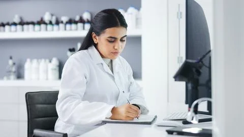 Young scientist using a computer and microscope in a lab. Female pathologist Stock Photos