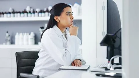 Young scientist using a computer and microscope in a lab. Female pathologist Foto stock