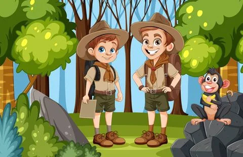 Young Scouts in the Forest Stock Illustration