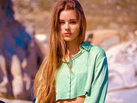 Young sensual model in Greece Cyclades islands touristic attraction Stock Photos
