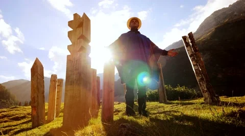 Young shaman man doing mediation recreation activity outdoors at sunset sky 動画素材 64800898