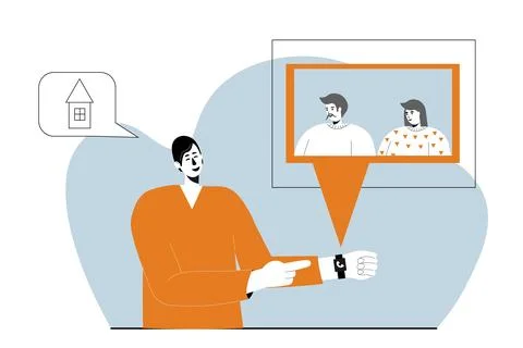 A young sick man talks to a projection of a parents that appears from a bracelet Stock Illustration