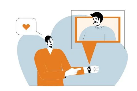 A young sick man talks to a projection of a friend that appears from a bracelet Stock Illustration