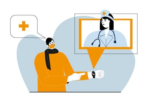 A young sick man talks to a projection of a nurse that appears from a bracelet Stock Illustration