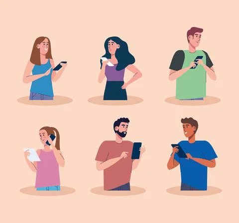 Young six persons using smartphones technology イラスト素材