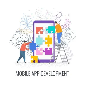 Young small men collect Touchscreen phone as a jigsaw puzzle. Stock Illustration