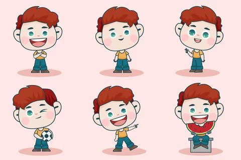 Young smart boy character with different facial expression and hand poses. Stock Illustration