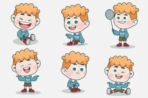 Young smart boy character with different facial expression and hand poses. Stock-Illustration