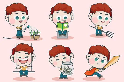 Young smart boy character with different facial expression and hand poses. Stock Illustration