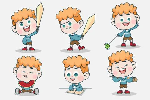 Young smart boy character with different facial expression and hand poses. Stock Illustration