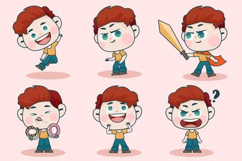 Young smart boy character with different facial expression and hand poses. Stock Illustration