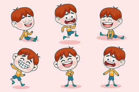 Young smart boy character with different facial expression and hand poses. イラスト素材