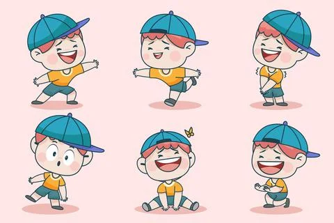 Young smart boy character with different facial expression and hand poses. Stock Illustration