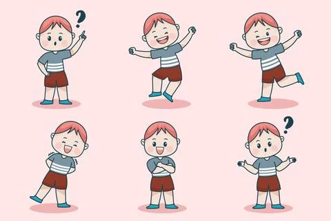 Young smart boy character with different facial expression and hand poses. Stock Illustration