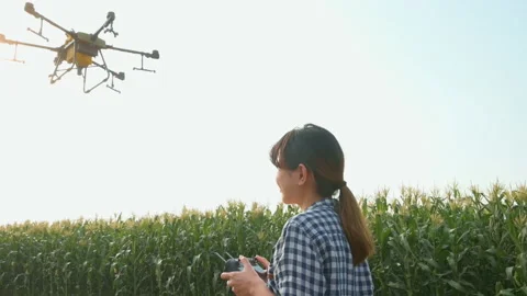 Young smart farmer controlling drone spraying fertilizer and pesticide over f Vídeo Stock 170569347
