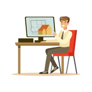 Young smiling architect working on his project using computer, colorful Stock Illustration