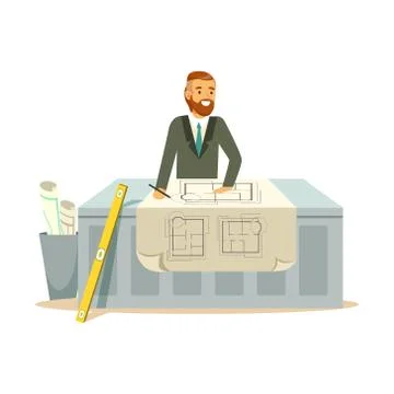 Young smiling architect working on his project at the desk, colorful character Stock Illustration