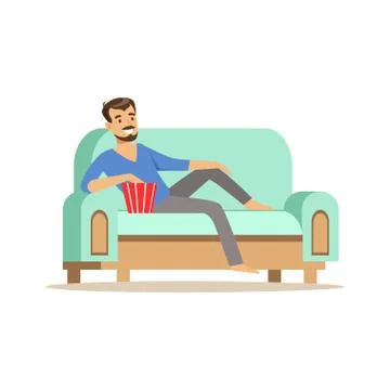 Young smiling bearded man lying on a ligh blue sofa, watching TV and eating Stock-Illustration