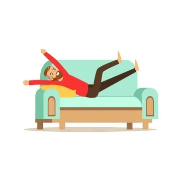 Young smiling bearded man lying on a ligh blue sofa and resting at home vector Stock-Illustration