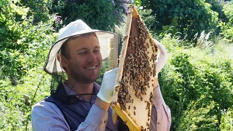 Young smiling beekeeper with protective hat working in apiary. Stock Footage 141543818