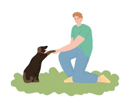 Young smiling boy training his dog by asking to give paw Stock Illustration