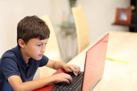 Young smiling boy typing on a computer Stock Photos
