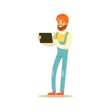 Young smiling engineer in orange safety helmet standing and holding tablet with Stock Illustration