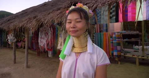 Young smiling long brass neck girl at village Stock Footage 86229764