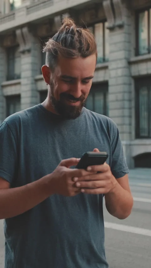 Young smiling man with beard stands on street using cellphone Stock Footage 226920978
