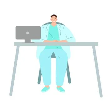 Young smiling man doctor sitting and waiting for patient in clinic Stock Illustration
