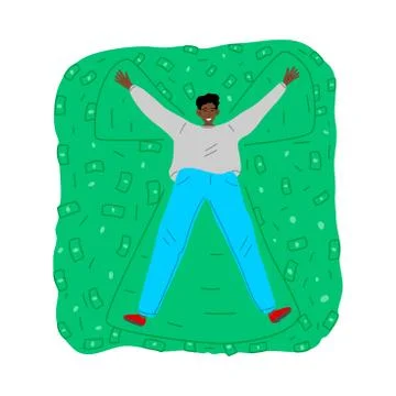 Young smiling man lying on grass full of money vector illustration Ilustração Stock