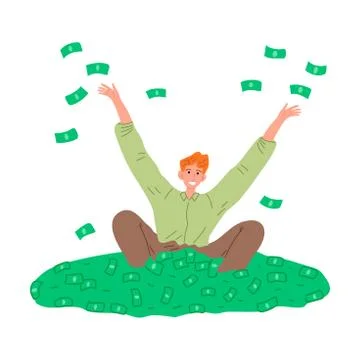 Young smiling man sitting in heap of moneyy vector illustration Ilustração Stock