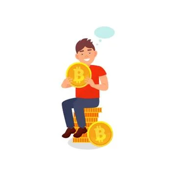 Young smiling man sitting on a stack of bitcoins, cryptocurrency mining Stock Illustration