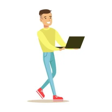 Young smiling man standing and using laptop. Colorful character vector Stockillustratie