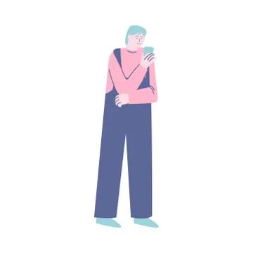 Young smiling man standing in queue and looking at smartphone Illustrazione stock