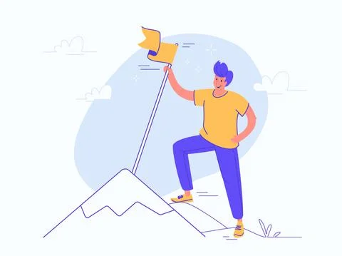 Young smiling man is standing on the top of a mountain and holds a yellow flag Illustrazione stock