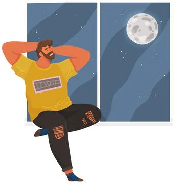 Young smiling man thinking about future and looks out window at moon and dark Stock Illustration