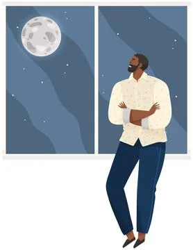 Young smiling man thinking about something and looks out window at moon and dark Stock Illustration