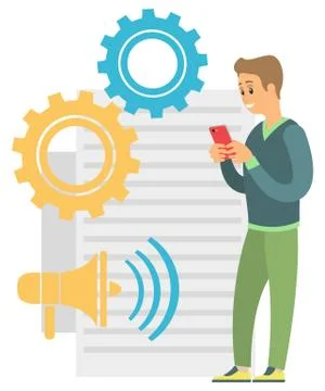 Young Smiling Man Using Mobile Phone Vector Image Stock Illustration