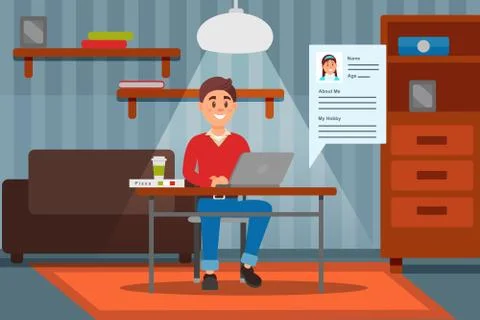 Young smiling man working on laptop computer in his home, room interior vector Stock-Illustration