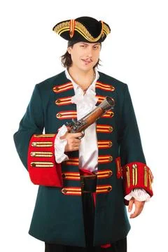 Young smiling man Young smiling man wearing pirate costume. Isolated on wh... Stock Photos