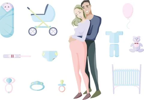 Young smiling married couple expecting a child surrounded by toys and items o Stock Illustration