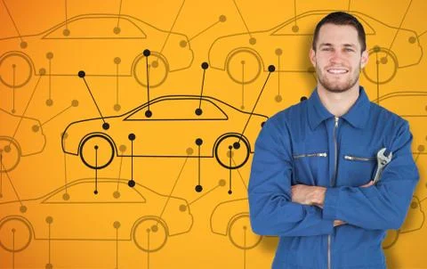 Young smiling mechanic standing in front of cars background Stock Illustration