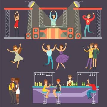 Young Smiling People Dancing In Night Club And Drinking In The Bar With DJ Stock Illustration