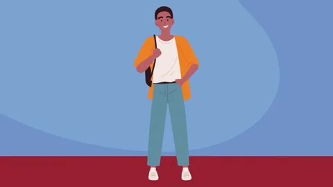 Young smiling student standing with backpack on blue and red background. Video stock 338423439