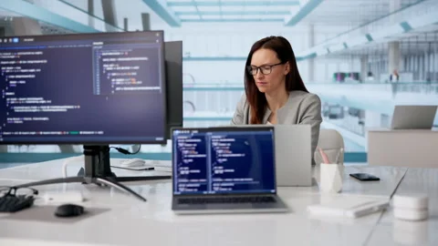 Young Software Developer Coding Data On Computer Video stock 331522672